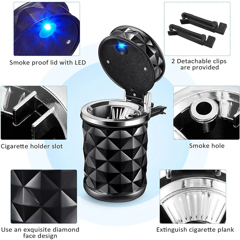 Car Ashtray With LED Light Portable Universal Alloy Ash Tray Aluminum Cup Smokeless Auto Ashtray Flame Retardant Car Accessories