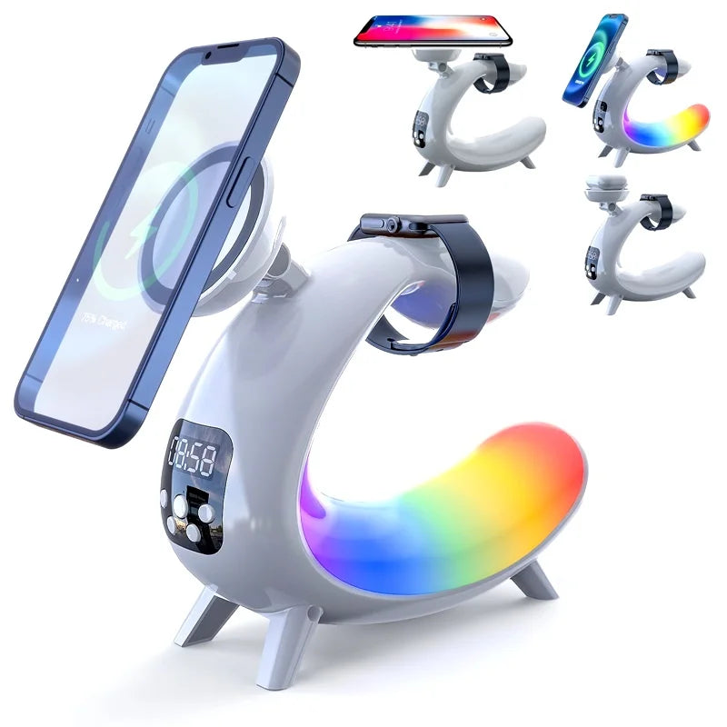 Multifunctional Magnetic Wireless Charger Alarm Clock Speaker RGB Night Light Charging Station for Iphone 11 12 13 14 15 Samsung