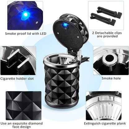 Car Ashtray With LED Light Portable Universal Alloy Ash Tray Aluminum Cup Smokeless Auto Ashtray Flame Retardant Car Accessories